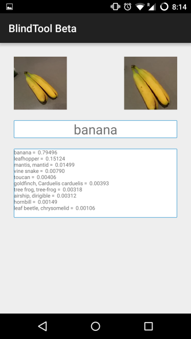 A screen capture of the BlindTool app identifying a banana, with less likely predictions listed below